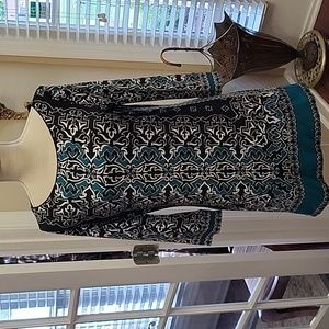 White House Black Market black white teal print scoop neck 3/4 slv Stretch Med …